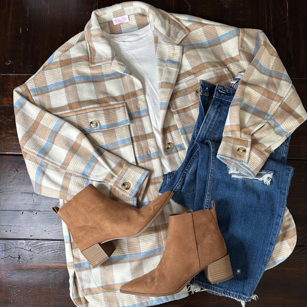 Meet You Outside Tan/Blue Plaid Shacket - Medium, Pink Lily